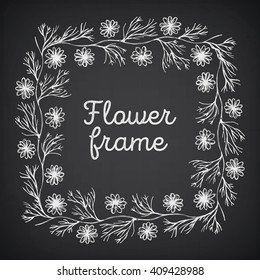 Vintage frame with floral ornament with grunge background for restaurant name design. Chalkboard art. Black illustration variant.