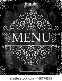 Vintage frame with floral ornament with grunge background for restaurant name design. Chalkboard art. Black illustration variant.