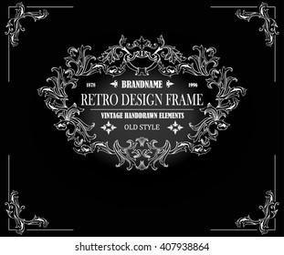 Vintage frame with floral ornament for restaurant name design.Template for making invitations, posters,banners and other design.Black illustration variant.