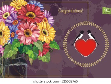 Vintage frame with flowers collage mix gerbera and old texture. Elegance postcard with beautiful Gerbera Daisy flowers. Happy Birthday vector illustration