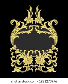 Vintage frame of flowers on a black background. Baroque design elements of golden swirls. Vector print. 