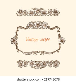 Vintage frame with flowers, pattern with swirls