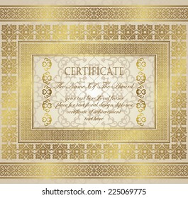 Vintage frame in a gold. Frame and borders on seamless background. Can be used as a certificate or diploma      
