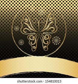 Vintage frame with gold butterfly and translucent strip and polka dots (vector EPS 10)