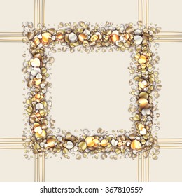 Vintage frame with golden hearts . Golden square decor on white background with brown stripes, vector illustration