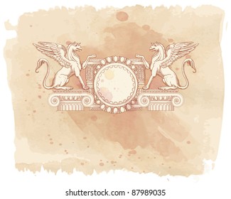 Vintage frame & Griffins, seated on an Ionic column - hand draw sketch & watercolor background