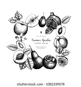 Vintage frame with hand drawn ripe fruits  illustrations - fig, apple, pear,  peach, apricot, persimmon, pomegranate, quince, grapes drawing. Vector template design isolated on white.