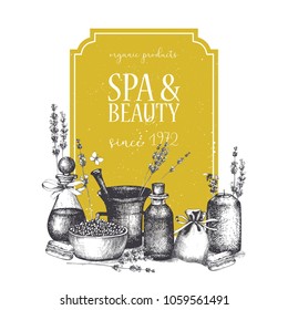 Vintage frame with hand drawn SPA and Beauty illustrations. Card or invitation design. Cosmetics and aromatic ingredients background. Vector healthy life template.