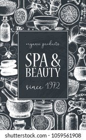 Vintage frame with hand drawn SPA and Beauty illustrations. Card or invitation design. Cosmetics and aromatic ingredients background. Vector healthy life template on chalkboard
