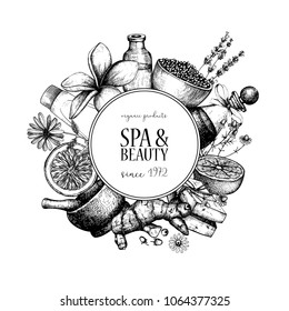 Vintage frame with hand drawn SPA and Beauty illustrations. Card or invitation design. Cosmetics and aromatic ingredients background. Vector healthy life template.
