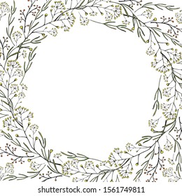 Vintage frame hand-drawn from thin twigs, leaves. Vector isolated illustration on a white background.