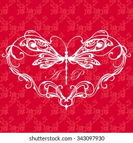 Vintage frame heart with dragonfly.Elegant element for design template.Romantic background.Vector illustration