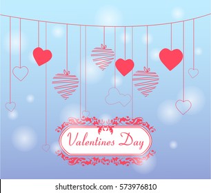 vintage frame with an inscription, the invitation a sign, garland from red hearts decorative beautiful background for the invitation, a banner, a card for St. Valentine's Day,  on a blue background