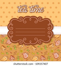 Vintage frame for invitation or greeting card. Colorful backgrounds with tea things
