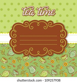 Vintage frame for invitation or greeting card. Colorful backgrounds with tea things