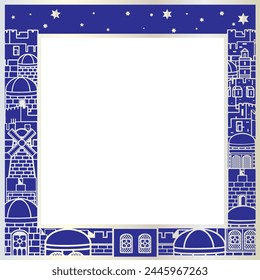 Vintage frame Jerusalem old David city landscape, Israeli blue star, western wall elements, for Passover Jewish Holiday card, brochure cover, banner decoration place for wishes text, Pesach festival.