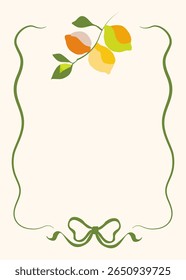 Quadro vintage com limões, molduras desenhadas à mão com linhas caprichadas, arcos, fitas em estilo coquette.