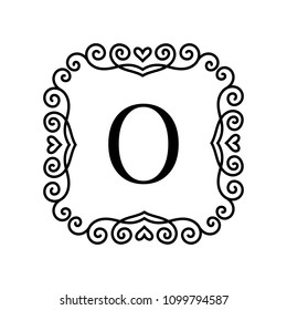 Vintage frame with letter. Vector illustration. Decorative ornament with curves.  Monogram logo template.