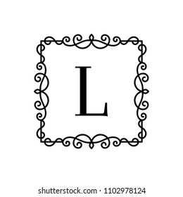 Vintage frame with letter. Vector illustration with decorative ornament and curves.  Monogram logo template.