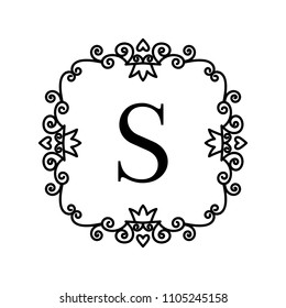 Vintage frame with letter. Vector illustration with decorative ornament and curves.  Monogram logo template.