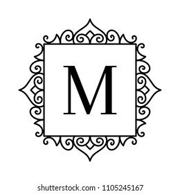 Vintage frame with letter. Vector illustration with decorative ornament and curves.  Monogram logo template.