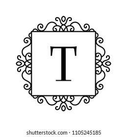 Vintage frame with letter. Vector illustration with decorative ornament and curves.  Monogram logo template.