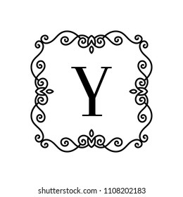 Vintage frame with letter. Vector illustration with decorative ornament and curves.  Monogram logo template.