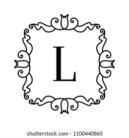 Vintage frame with letter. Vector monogram illustration. Decorative ornament with curves. Logo template.