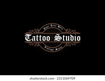 Vintage frame logo. Antique label. Suitable for tattoo studio, barber shop, whiskey label, wine, beer, brewing, salon, shop, signage.