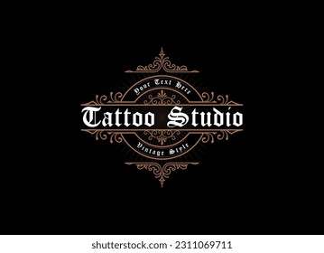 Vintage frame logo. Antique label. Suitable for tattoo studio, barber shop, whiskey label, wine, beer, brewing, salon, shop, signage.