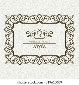 Vintage frame, logo design template. Vector frame, seamless beige floral background