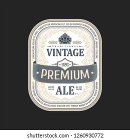 Vintage frame logo. Vector packing label. White sticker beer bottle. Design emblem, premium quality. Sticker for drink bottles and cans. Template place for text. Flourishes advertising banner