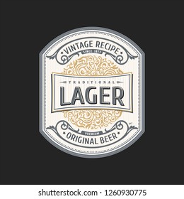 Vintage frame logo. Vector packing label. White sticker beer bottle. Design emblem, premium quality. Sticker for drink bottles and cans. Template place for text. Flourishes advertising banner