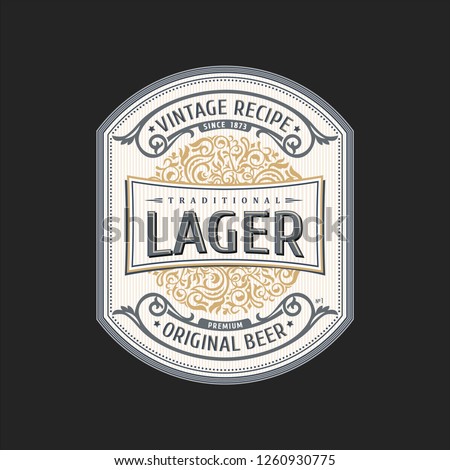Vintage frame logo. Vector packing label. White sticker beer bottle. Design emblem, premium quality. Sticker for drink bottles and cans. Template place for text. Flourishes advertising banner
