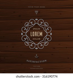 Vintage Frame for Luxury Logos, Restaurant, Hotel, Boutique or Business Identity. Royalty, Heraldic Design with Flourishes Elegant Design Elements. Vector Illustration Template Wood Texture Background