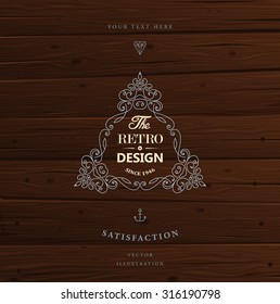 Vintage Frame for Luxury Logos, Restaurant, Hotel, Boutique or Business Identity. Royalty, Heraldic Design with Flourishes Elegant Design Elements. Vector Illustration Template Wood Texture Background