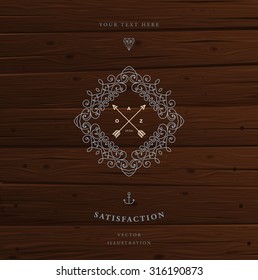 Vintage Frame for Luxury Logos, Restaurant, Hotel, Boutique or Business Identity. Royalty, Heraldic Design with Flourishes Elegant Design Elements. Vector Illustration Template Wood Texture Background