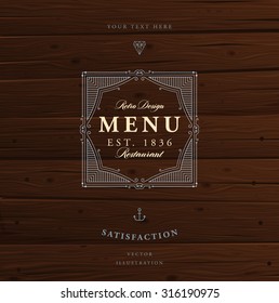 Vintage Frame for Luxury Logos, Restaurant, Hotel, Boutique or Business Identity. Royalty, Heraldic Design with Flourishes Elegant Design Elements. Vector Illustration Template Wood Texture Background