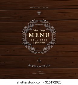 Vintage Frame for Luxury Logos, Restaurant, Hotel, Boutique or Business Identity. Royalty, Heraldic Design with Flourishes Elegant Design Elements. Vector Illustration Template Wood Texture Background