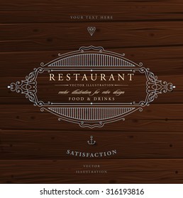 Vintage Frame for Luxury Logos, Restaurant, Hotel, Boutique or Business Identity. Royalty, Heraldic Design with Flourishes Elegant Design Elements. Vector Illustration Template Wood Texture Background