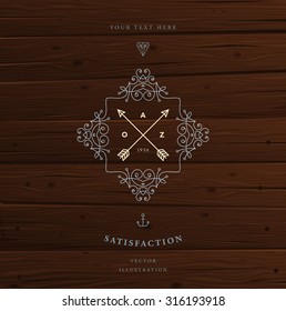 Vintage Frame for Luxury Logos, Restaurant, Hotel, Boutique or Business Identity. Royalty, Heraldic Design with Flourishes Elegant Design Elements. Vector Illustration Template Wood Texture Background