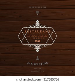 Vintage Frame for Luxury Logos, Restaurant, Hotel, Boutique or Business Identity. Royalty, Heraldic Design with Flourishes Elegant Design Elements. Vector Illustration Template Wood Texture Background
