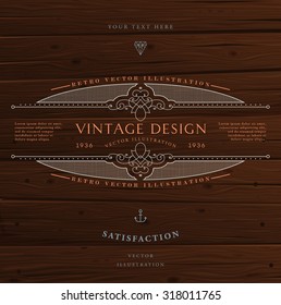 Vintage Frame for Luxury Logos, Restaurant, Hotel, Boutique or Business Identity. Royalty, Heraldic Design with Flourishes Elegant Design Elements. Vector Illustration Template Wood Texture Background