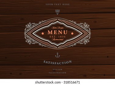 Vintage Frame for Luxury Logos, Restaurant, Hotel, Boutique or Business Identity. Royalty, Heraldic Design with Flourishes Elegant Design Elements. Vector Illustration Template Wood Texture Background