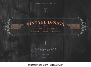 Vintage Frame for Luxury Logos, Restaurant, Hotel, Boutique or Business Identity. Royalty, Heraldic Design with Flourishes Elegant Design Elements. Vector Illustration Template Wood Texture Background