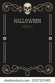 Vintage frame made of bones, creepy red eyeball, human skull. Good for Halloween, Dia de Muertos holiday decoration. Template for menu, poster, invitation etc