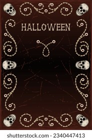 Vintage frame made of bones, creepy red eyeball, human skull. Good for Halloween, Dia de Muertos holiday decoration. Template for menu, poster, invitation etc