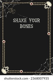 Vintage frame made of bones, creepy red eyeball, human skull, spiderweb. Good for Halloween, Dia de Muertos holiday decoration. Template for menu, poster, invitation etc