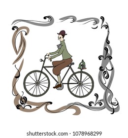 Vintage frame with a man on bicycle. Vector illustration.