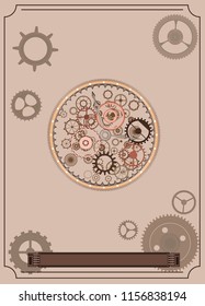 Vintage frame menu poster, steampunk background clock, cogs, gems, gears